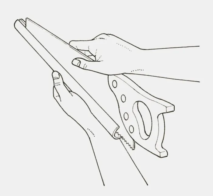 Framed Print : Black and white illustration of hand placing saw in protective cover