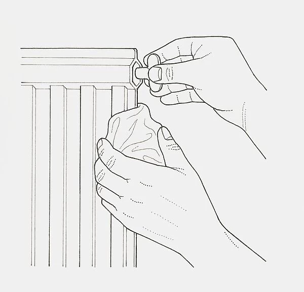 Black and white illustration of hands bleeding a radiator