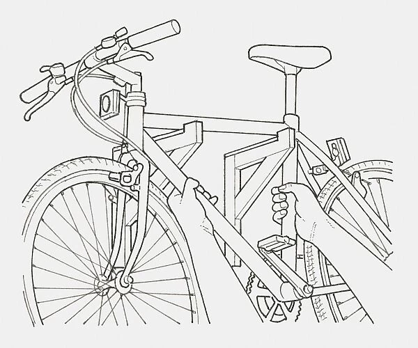 Black and white illustration of hands hanging a bicycle on a pair of brackets on a wall