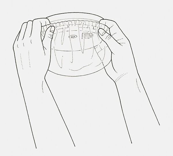 Black and white illustration of hands placing shower cap over smoke alarm, to prevent false alarm