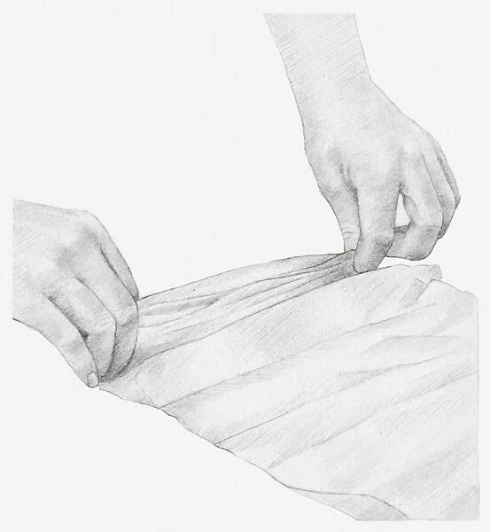 Black and white illustration of hands pleating a strip of tissue paper, to wrap a dried onion seed head in (storing dried flowers)