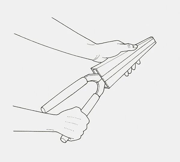 Black and white illustration of hands putting garden shears in protective case