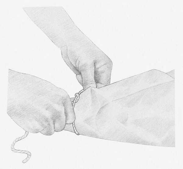 Black and white illustration of hands tying up a piece of string around dried hydrangea flower wrapped in tissue paper (storing dried flowers)