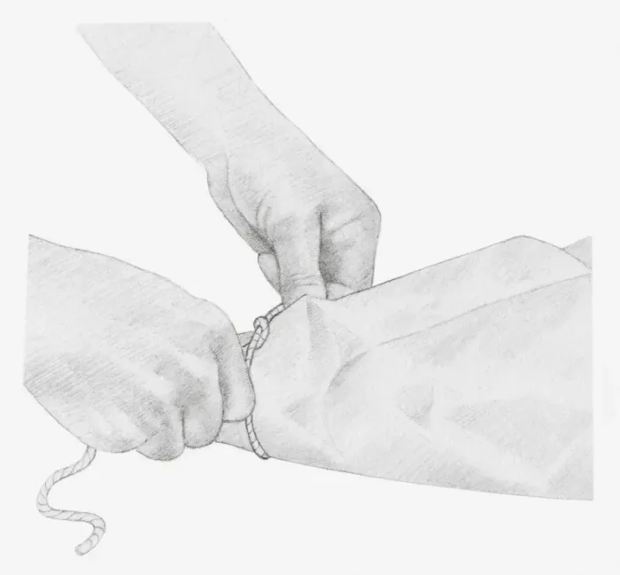 Framed Print : Black and white illustration of hands tying up a piece of string around dried hydrangea flower wrapped in tissue paper (storing dried flowers) Framed Print : Black and white illustration of hands tying up a piece of string around dried hydrangea flower wrapped in tissue paper (storing dried flowers)