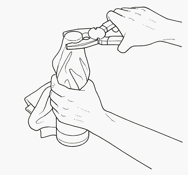 Black and white illustration of holding bottle with tea towel and using pliers to unscrew lid