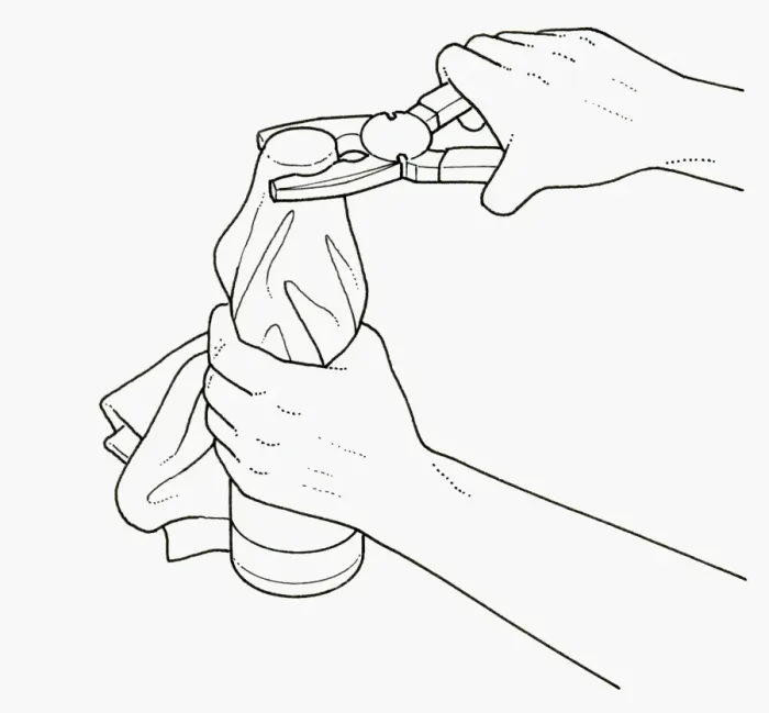 Framed Print : Black and white illustration of holding bottle with tea towel and using pliers to unscrew lid