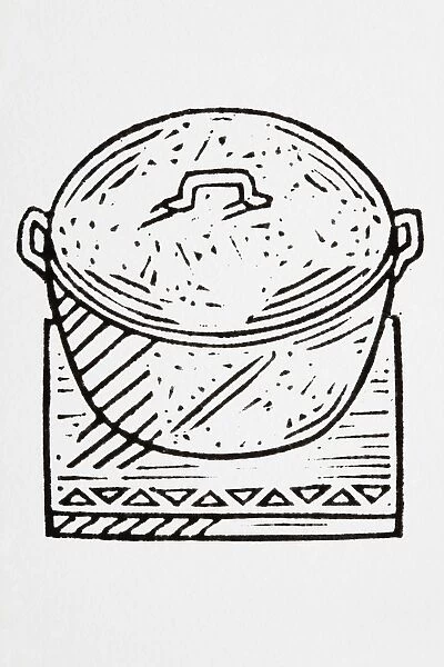 Black and white illustration of hot pot on a wooden board