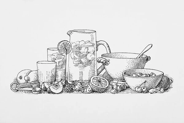 Black and white illustration of ingredients and utensils for making freshly squeezed fruit juice