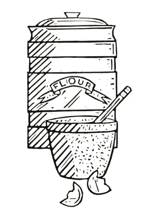 Framed Print : Black and white illustration of jar containing flour, mixing bowl and egg shells Framed Print : Black and white illustration of jar containing flour, mixing bowl and egg shells