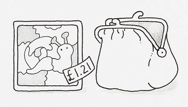 Black and white illustration of a jigsaw puzzle of a snail with a price tag on it, and an open purse