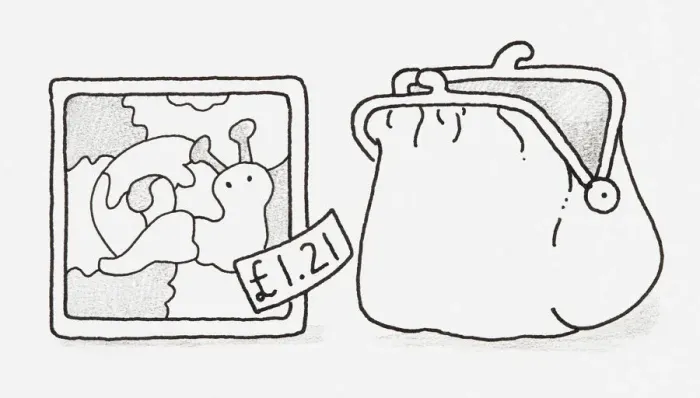 Framed Print : Black and white illustration of a jigsaw puzzle of a snail with a price tag on it, and an open purse Framed Print : Black and white illustration of a jigsaw puzzle of a snail with a price tag on it, and an open purse