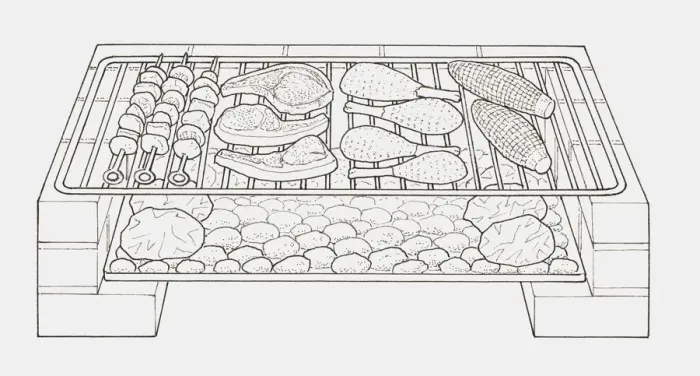 Framed Print : Black and white illustration of kebabs, steaks, chicken drumsticks and corn cobs on a grill over hot coals, foil-wrapped potatoes on the embers Framed Print : Black and white illustration of kebabs, steaks, chicken drumsticks and corn cobs on a grill over hot coals, foil-wrapped potatoes on the embers