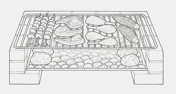 Black and white illustration of kebabs, steaks, chicken drumsticks and corn cobs on a grill over hot coals, foil-wrapped potatoes on the embers