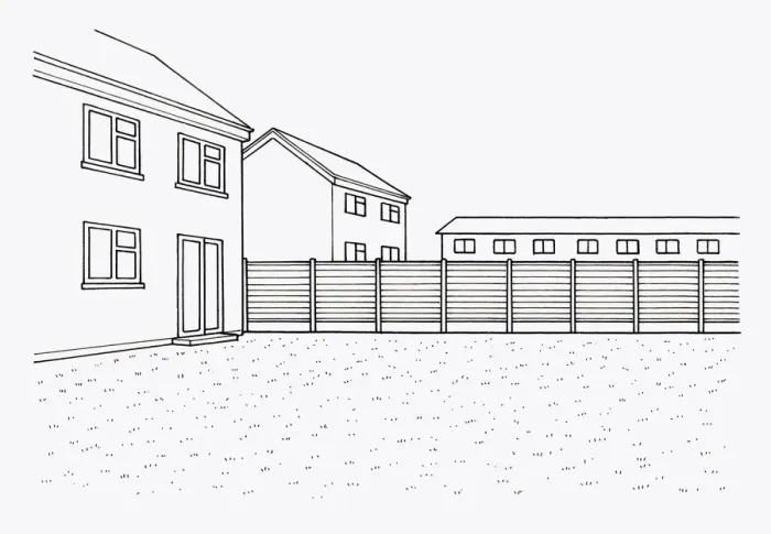 Framed Print : Black and white illustration of lawn and fence in domestic garden Framed Print : Black and white illustration of lawn and fence in domestic garden