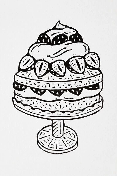 Black and white illustration of layered cream and fruit cake on cake stand