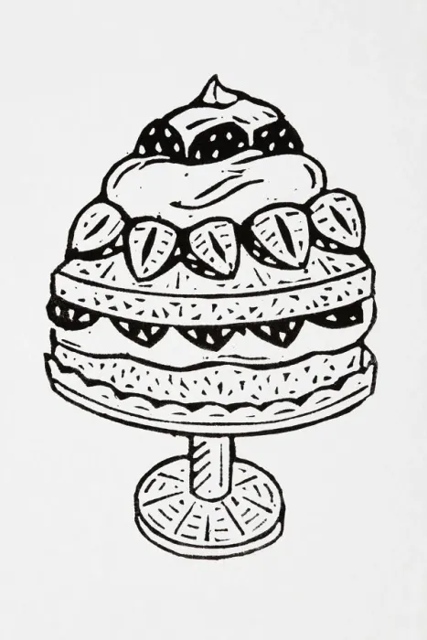 Framed Print : Black and white illustration of layered cream and fruit cake on cake stand