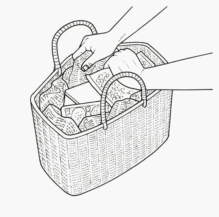 Framed Print : Black and white illustration of lining shopping basket with crumpled newspaper to insulate food as i Framed Print : Black and white illustration of lining shopping basket with crumpled newspaper to insulate food as i