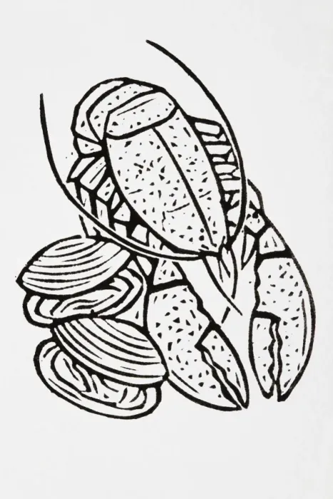 Framed Print : Black and white illustration of lobster and clams