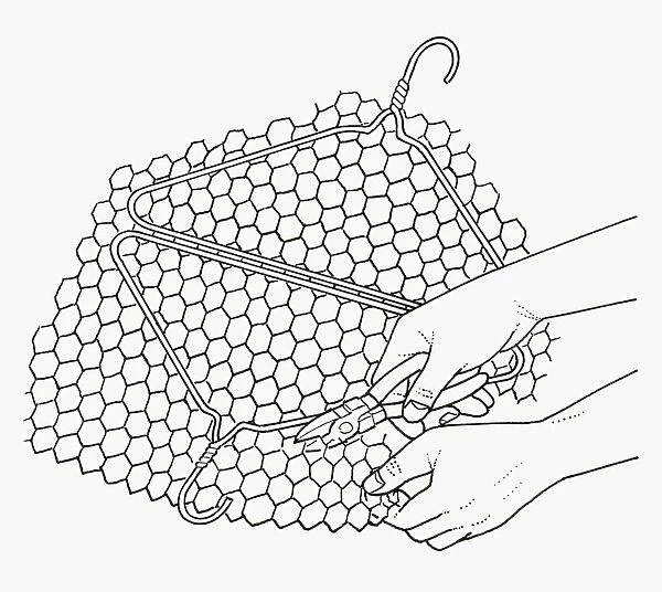 Black and white illustration of making hinged wire barbecue rack from coathanger and wire mesh