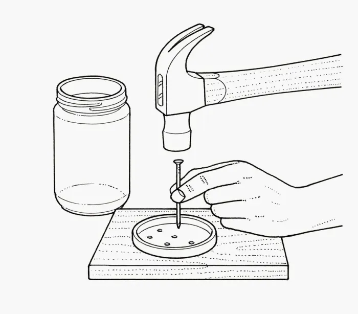Framed Print : Black and white illustration of making holes in metal lid using hammer and nail Framed Print : Black and white illustration of making holes in metal lid using hammer and nail