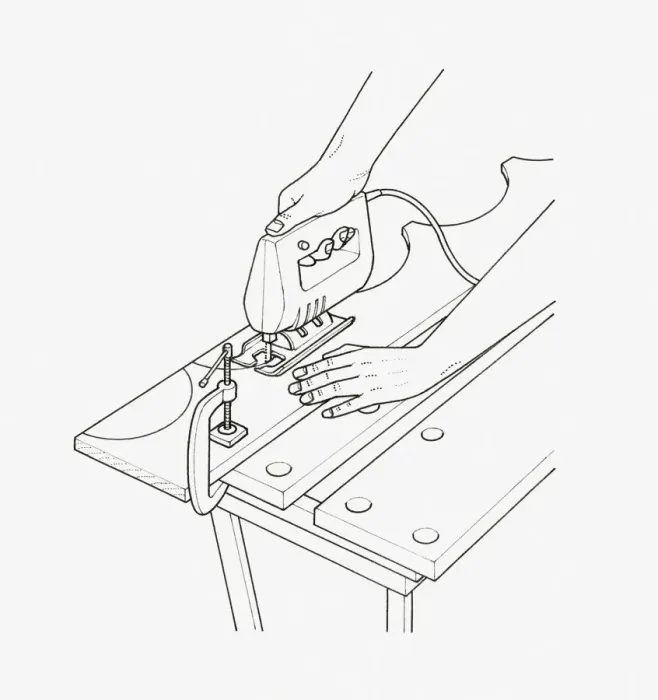 Framed Print : Black and white illustration of man using jig saw to cut shapes in wood Framed Print : Black and white illustration of man using jig saw to cut shapes in wood