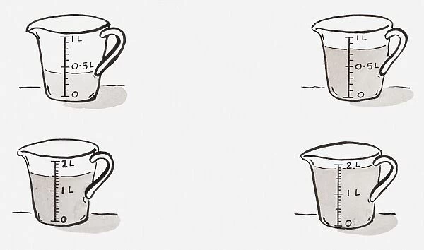 Black and white illustration of four measuring jugs filled to different levels