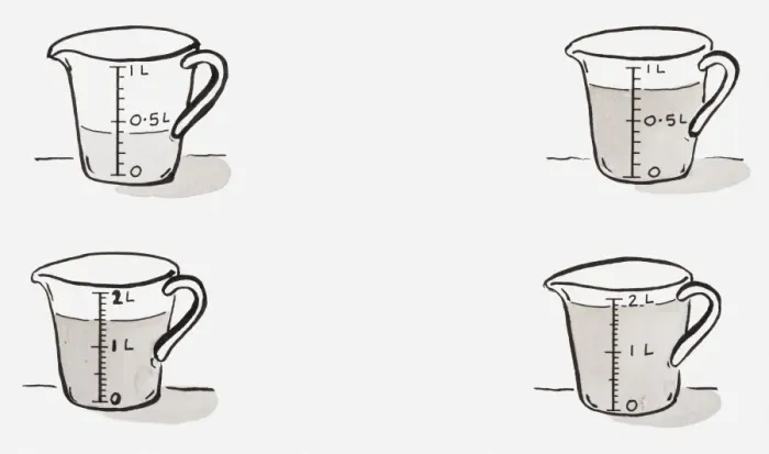 Framed Print : Black and white illustration of four measuring jugs filled to different levels Framed Print : Black and white illustration of four measuring jugs filled to different levels