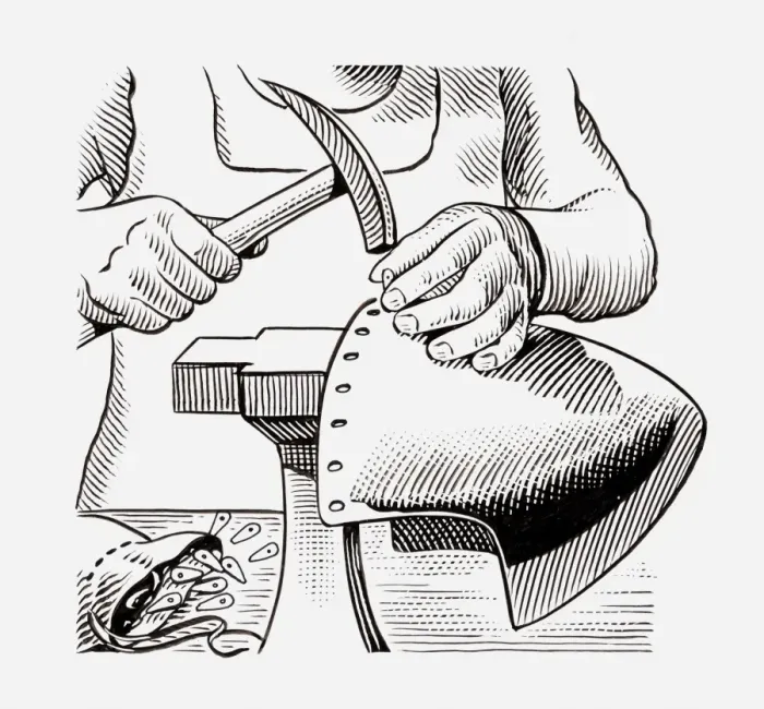 Framed Print : Black and white illustration of medieval armourer making helmet Framed Print : Black and white illustration of medieval armourer making helmet