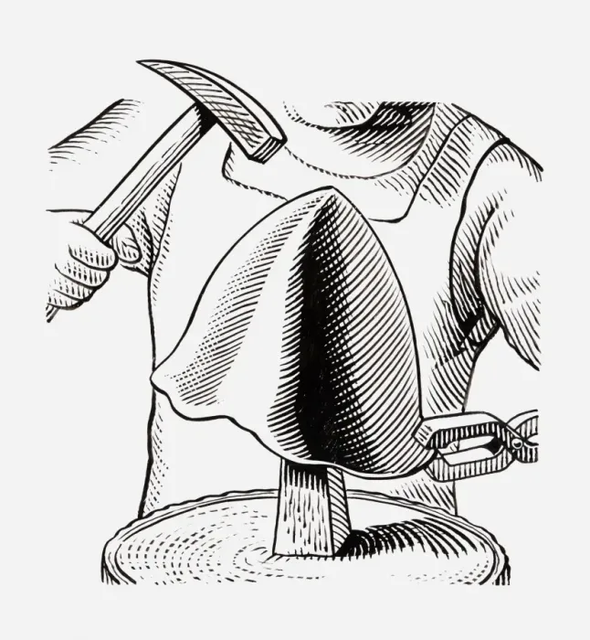 Framed Print : Black and white illustration of medieval armourer making helmet