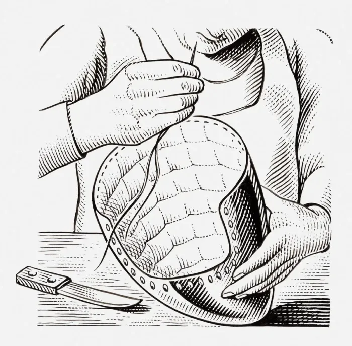 Framed Print : Black and white illustration of medieval armourer making helmet Framed Print : Black and white illustration of medieval armourer making helmet