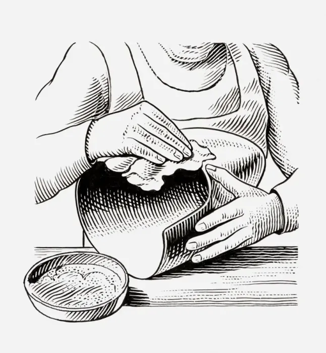 Framed Print : Black and white illustration of medieval armourer polishing helmet