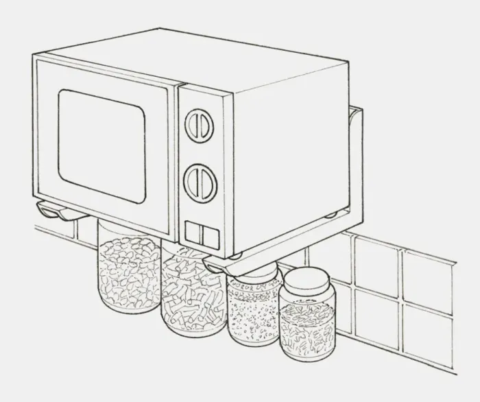 Framed Print : Black and white illustration of microwave mounted on wall with metal brackets, and jars of food underneath Framed Print : Black and white illustration of microwave mounted on wall with metal brackets, and jars of food underneath