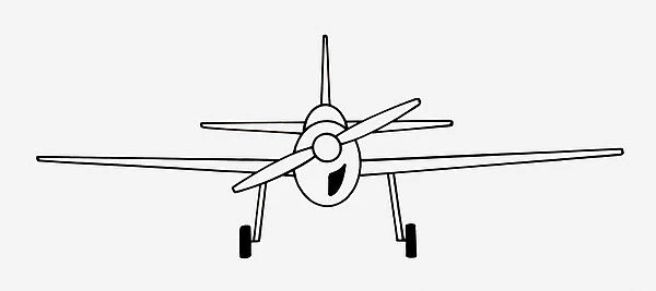 Black and white illustration of monoplane fixed mid-wing propeller aircraft