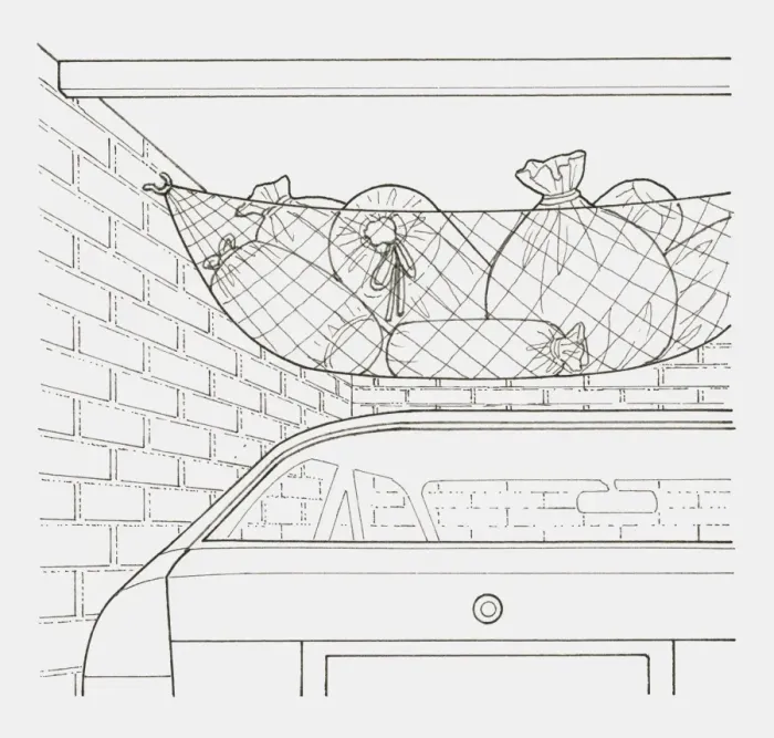 Framed Print : Black and white illustration of a net hung across a garages ceiling, holding various items packed up in bags Framed Print : Black and white illustration of a net hung across a garages ceiling, holding various items packed up in bags