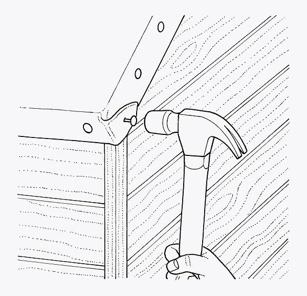Black and white illustration of of using hammer to nail felt roofing on eaves of garden shed
