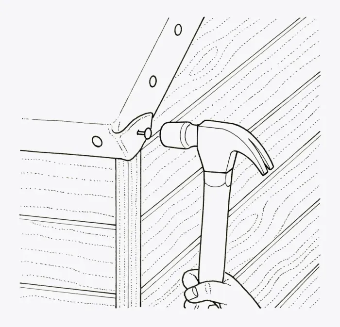Framed Print : Black and white illustration of of using hammer to nail felt roofing on eaves of garden shed