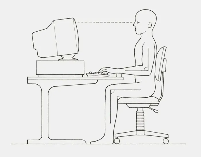 Framed Print : Black and white illustration of office worker positioned at computer with back straight and wrists and feet supported, side view Framed Print : Black and white illustration of office worker positioned at computer with back straight and wrists and feet supported, side view