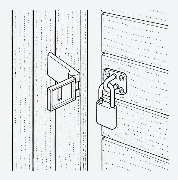 Black and white illustration of open padlock on shed