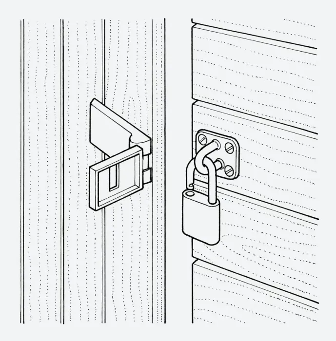 Framed Print : Black and white illustration of open padlock on shed Framed Print : Black and white illustration of open padlock on shed