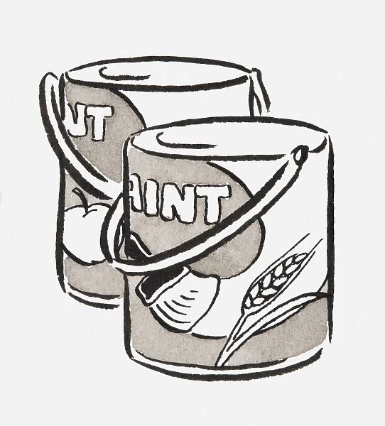 Black and white illustration of two paint tins