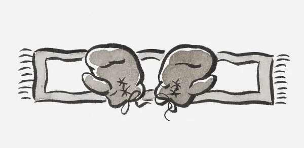 Black and white illustration of pair of boxing gloves on a towel