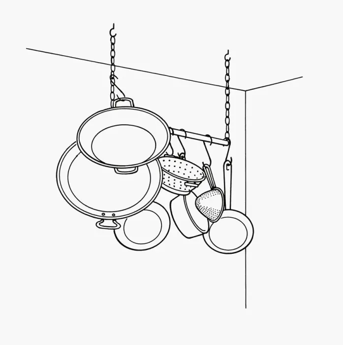 Framed Print : Black and white illustration pans hanging from pan rack Framed Print : Black and white illustration pans hanging from pan rack