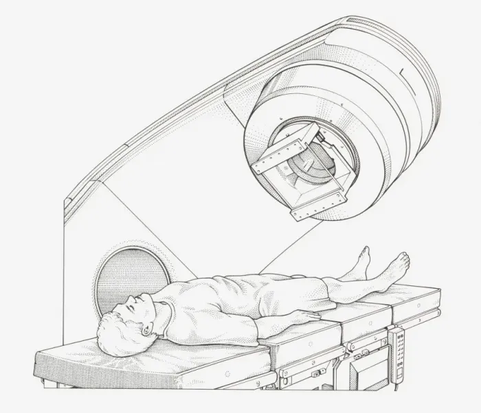 Framed Print : Black and white illustration of a patient undergoing radiation therapy Framed Print : Black and white illustration of a patient undergoing radiation therapy