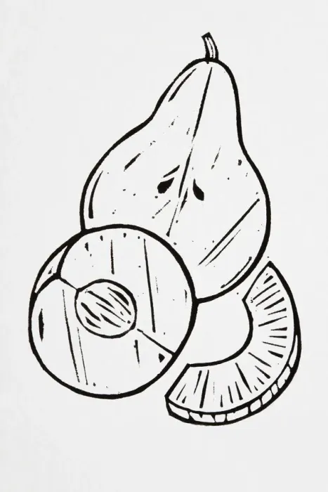 Framed Print : Black and white illustration of pear, halved peach and piece of pineapple Framed Print : Black and white illustration of pear, halved peach and piece of pineapple