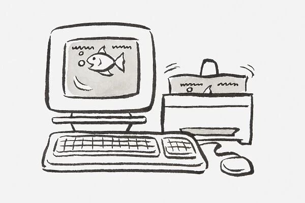 Black and white illustration of a personal computer with fish shown on the screen and printed copy coming out of the printer