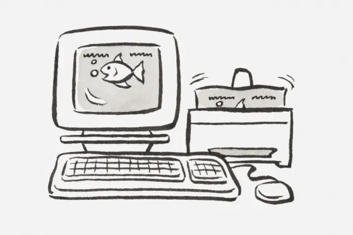 Framed Print : Black and white illustration of a personal computer with fish shown on the screen and printed copy coming out of the printer