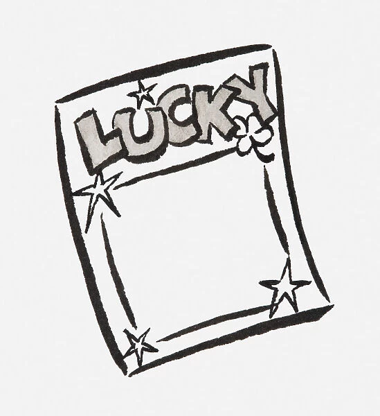 Black and white illustration of piece of paper with the word lucky written at the top