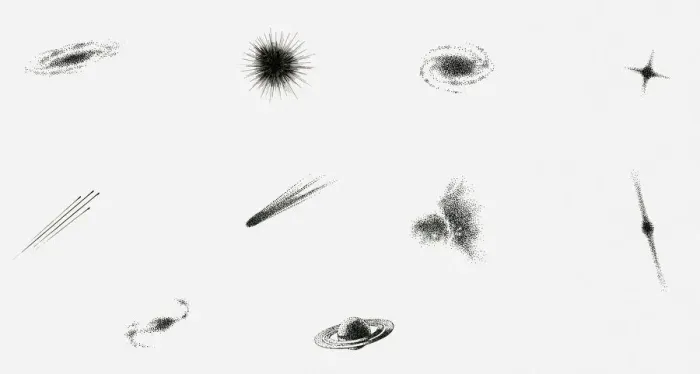 Framed Print : Black and white illustration of planets, stars, comets Framed Print : Black and white illustration of planets, stars, comets