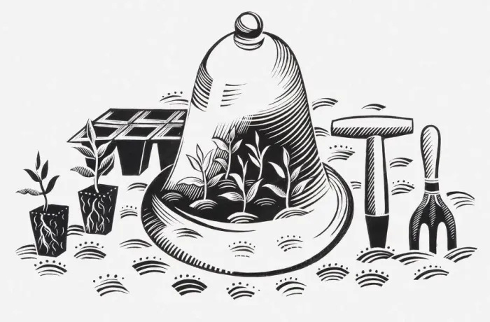 Framed Print : Black and white illustration of plants under cloche, a module tray, plug plants, and gardening tools Framed Print : Black and white illustration of plants under cloche, a module tray, plug plants, and gardening tools