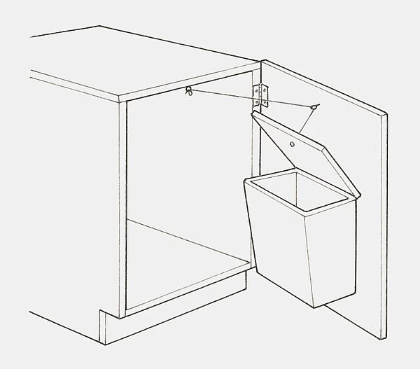 Black and white illustration of plastic waste bin mounted on the inside of a cupboard door, with a pulley system to open the lid